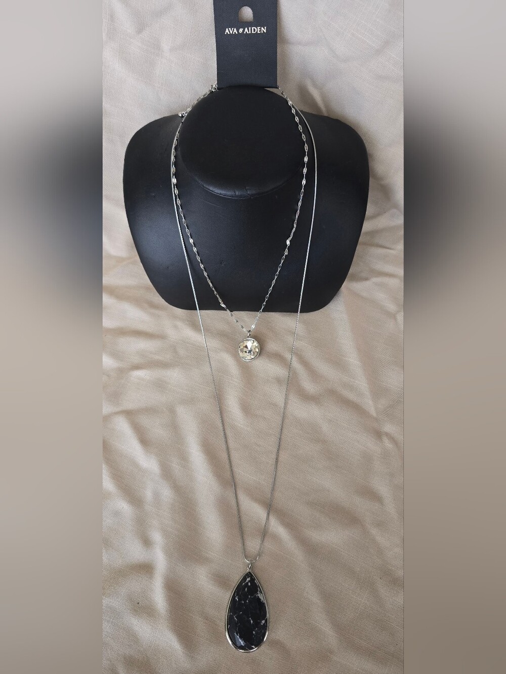Ava & Aiden Silver and Black Layered Necklace Set with Black Teardrop Pendant